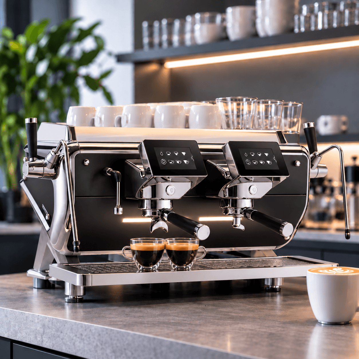 Black and chrome two-group professional espresso machine in a café